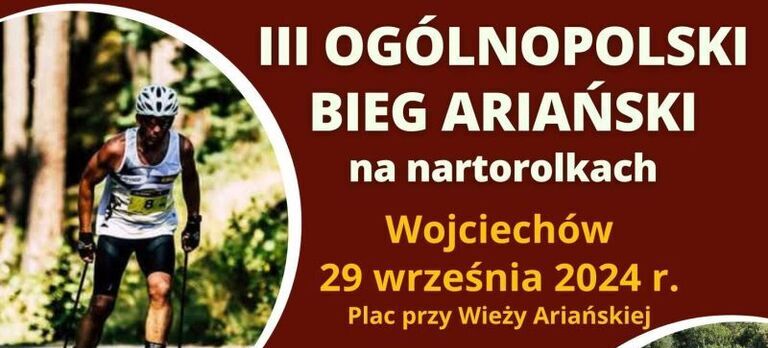 Opis alternatywny: Plakat informacyjny do wydarzenia "III Ogólnopolski Bieg Nartorolkowy Bieg Ariański" zaplanowanego na 29 września 2064 r. Zawiera daty, harmonogram wydarzeń, logo sponsorów i zdjęcie osoby jeżdżącej na nartorolkach.