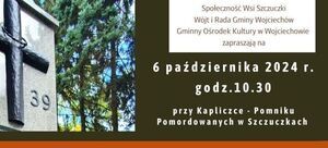 Plakat informacyjny o 85. rocznicy masowego mordu w Szczebrzeszynie. Zawiera daty i szczegóły wydarzenia, a także czerwono-czarne akcenty i kwiaty.