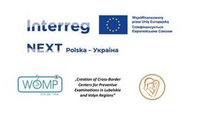 Logo projektu Interreg NEXT Polska-Ukraina, współfinansowany przez UE, z dodatkowym logotypem WOMP i informacją o tworzeniu centrów profilaktyki zdrowotnej.