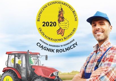 Kawałek plakatu  z traktorem i rolnikiem uśmiechniętym