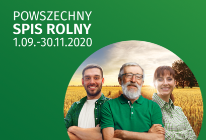 Baner ze zdjęciem rolników i napisem: 	
POWSZECHNY SPIS ROLNY 1.09.-30.11.2020