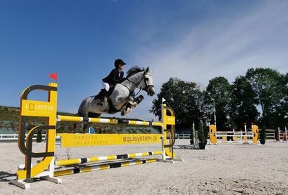 Zawodnik na koniu podczas przeskoku przez przeszkody na Mistrzostwach Dolnego Śląska w Wierzbnej
