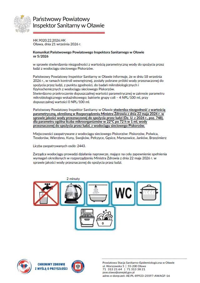 Komunikat o warunkowej przydatności wody do spożycia}