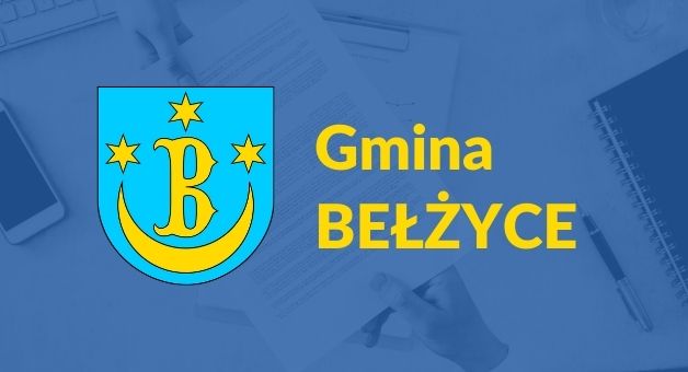 Grafika przedstawia herb gminy Bełżyce i żółty napis Gmina Bełżyce.