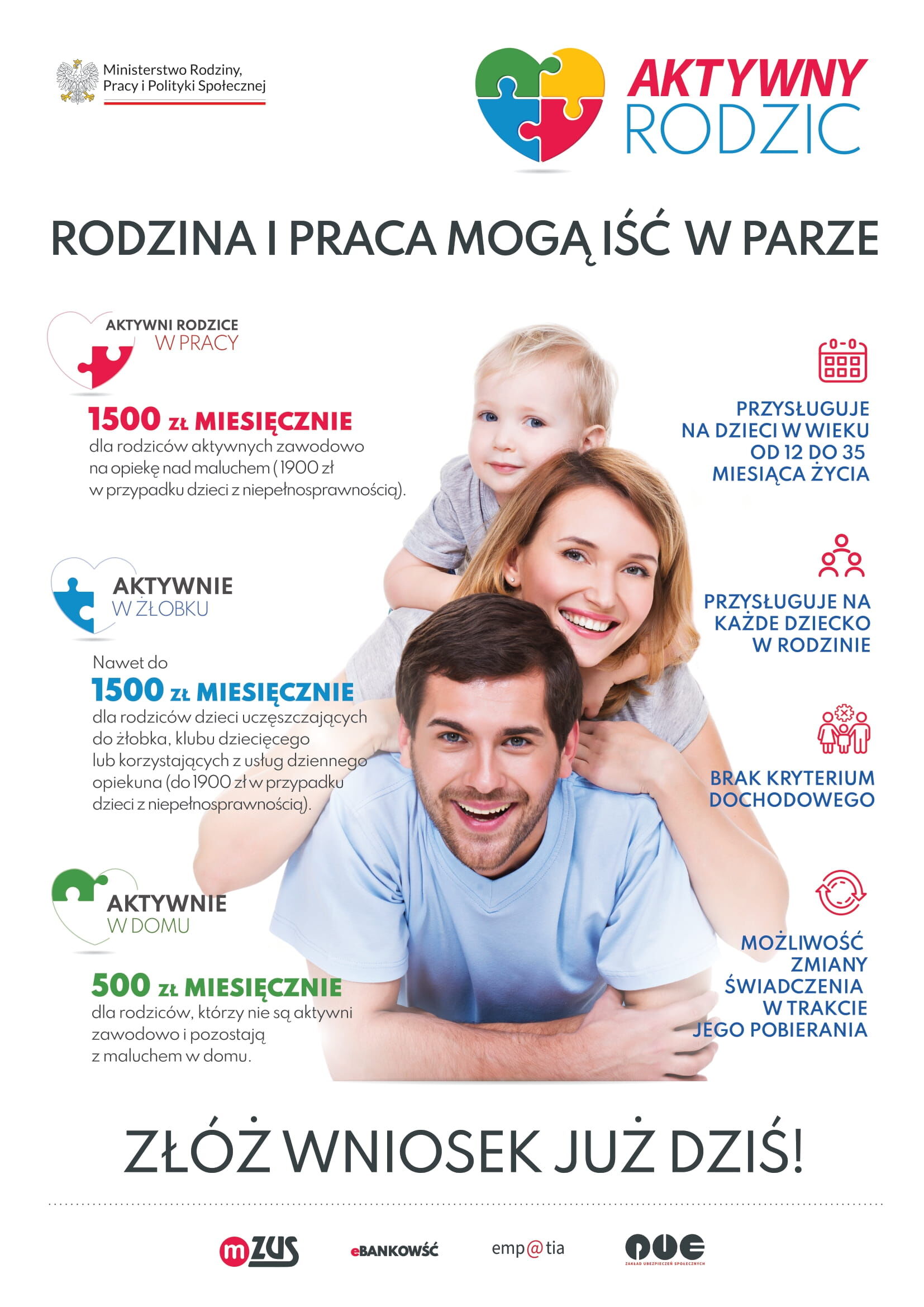 Plakat informacyjny z grafiką promującą program "Aktywny Rodzic", przedstawiający uśmiechniętą rodzinę: mężczyznę trzymającego dziecko na ramionach i kobiety tulącej ich z boku. Ikony i teksty wyjaśniają szczegóły wsparcia finansowego dla rodziców.