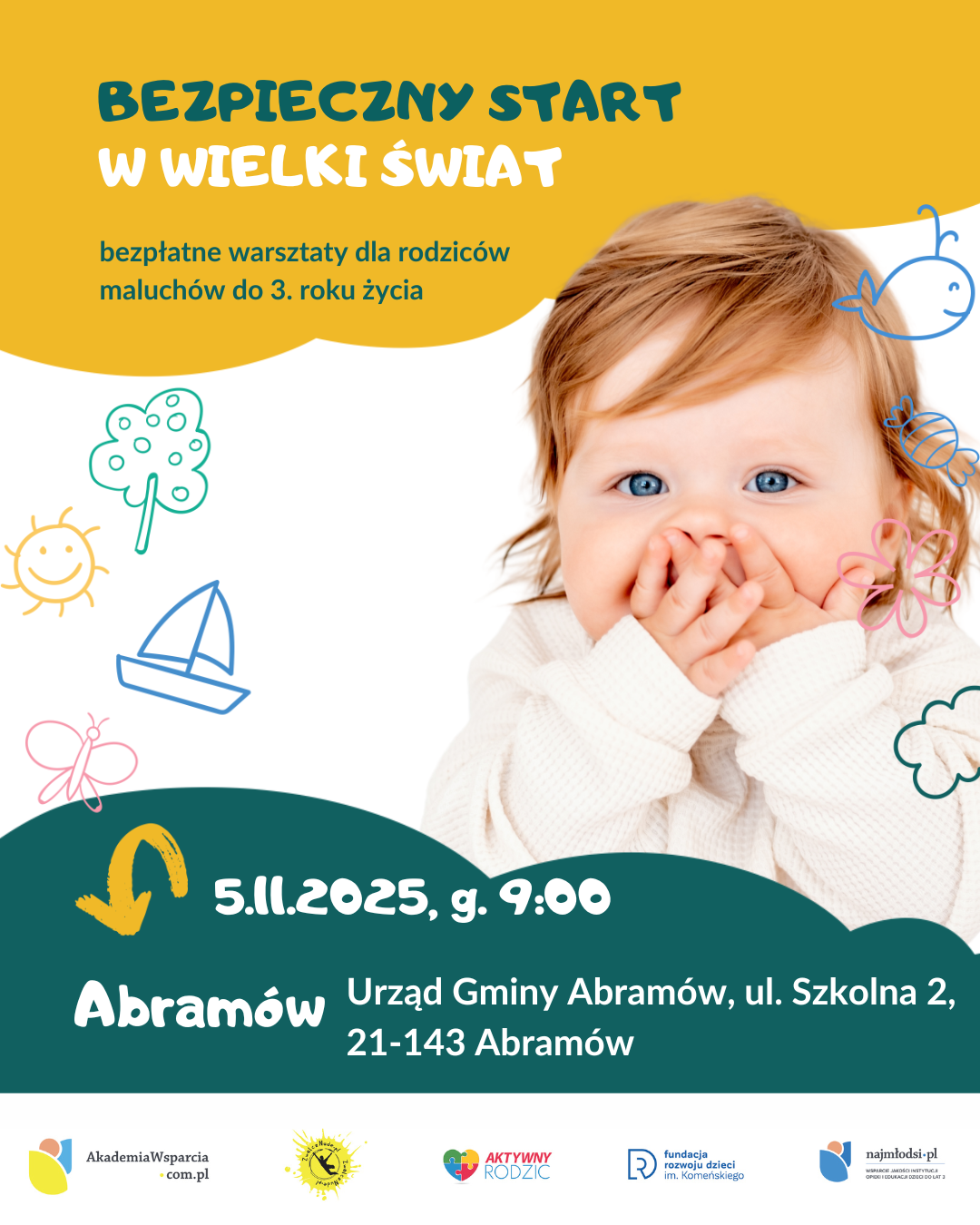 Plakat zapraszający na bezpłatne warsztaty dla rodzic&oacute;w maluch&oacute;w do 3. roku życia. Widoczne są grafiki: słońce, chmurka, papierowy samolot, dziecko zasłaniające rękami twarz, data i miejsce wydarzenia.