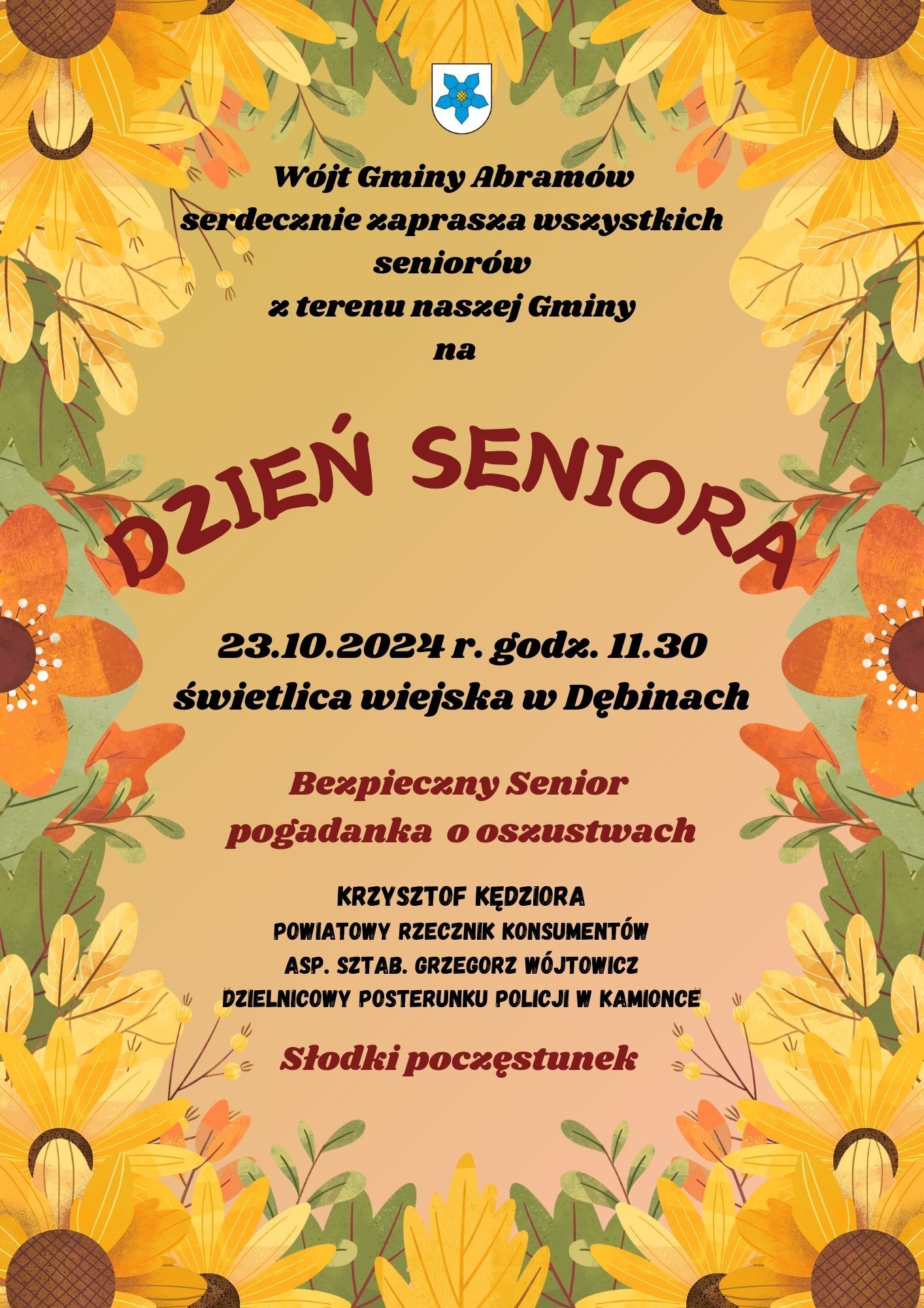 Plakat informacyjny "Dzień Seniora", zaproszenie na uroczystości w dniu 23.10.2014, z wykładami na temat zdrowia, kwiaty i liście na tle.