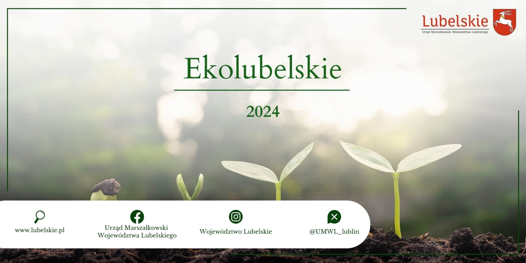 Zdjęcie przedstawia trzy młode rośliny ustawione w linii na tle mglistego lasu z tekstem "Ekolubelskie 2024" oraz logotypami i adresem internetowym Urzędu Marszałkowskiego Województwa Lubelskiego.