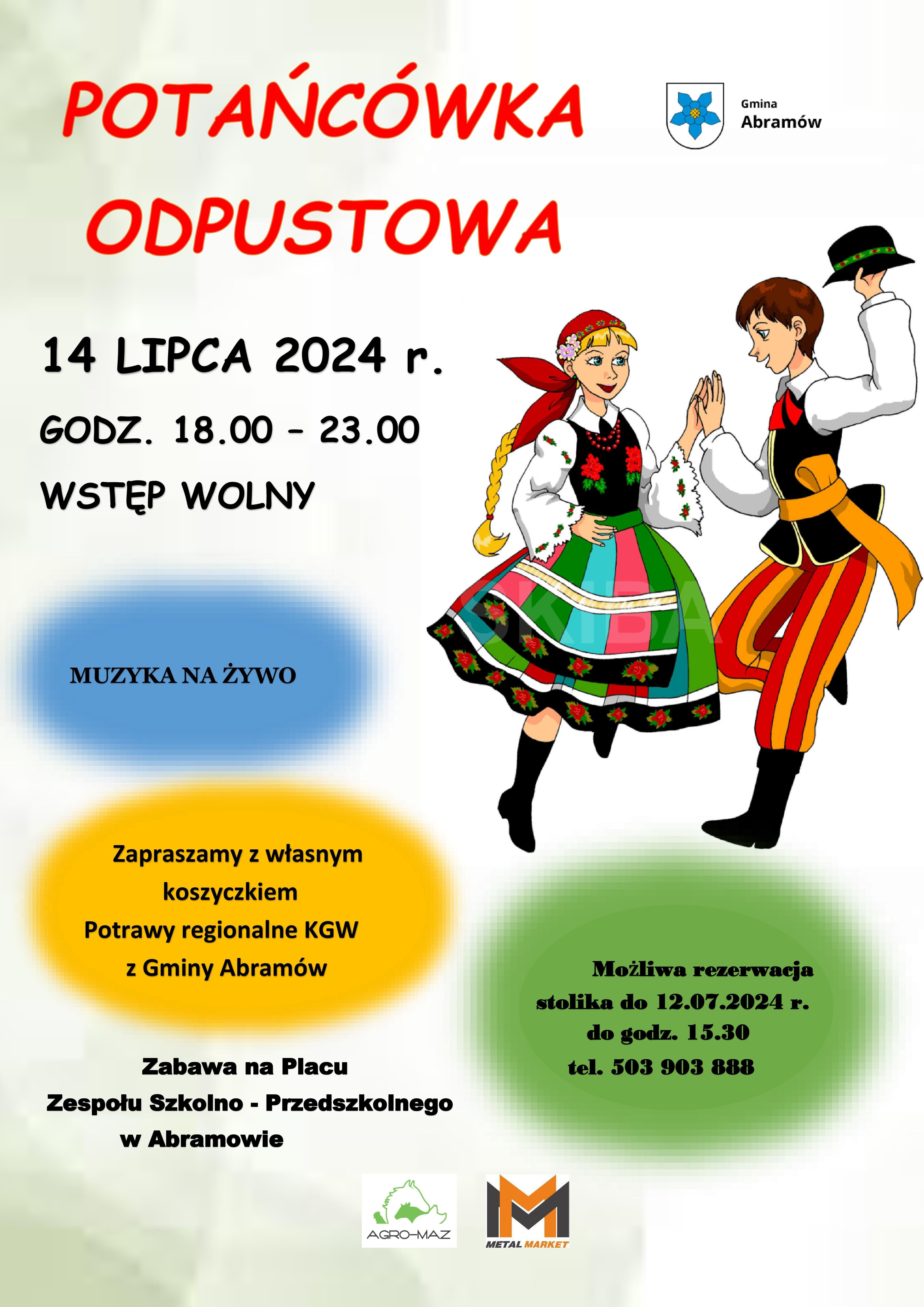 Plakat imprezy tanecznej "Potańcówka Odpustowa" z datą, godziną, informacjami o muzyce na żywo oraz ilustracją trzech tańczących ludzi w tradycyjnych polskich strojach ludowych.