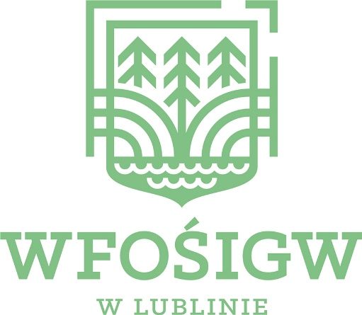 Logo WFOŚiGW w Lublinie przedstawiające zarys tarczy z grafiką trzech drzew i fal wodnych w zielonym kolorze z napisem otaczającym symbol.