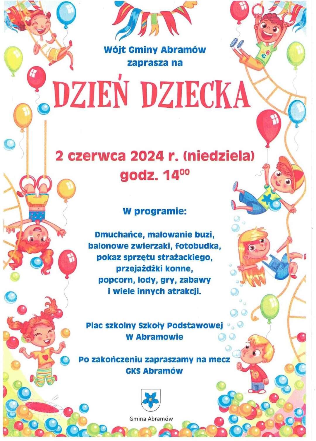 Plakat informacyjny ogłaszający Dzień Dziecka na różowym tle z ilustracjami radosnych dzieci, balonów i prezentów, z informacjami o wydarzeniach i atrakcjach zaplanowanych na 2 czerwca 2024 r.