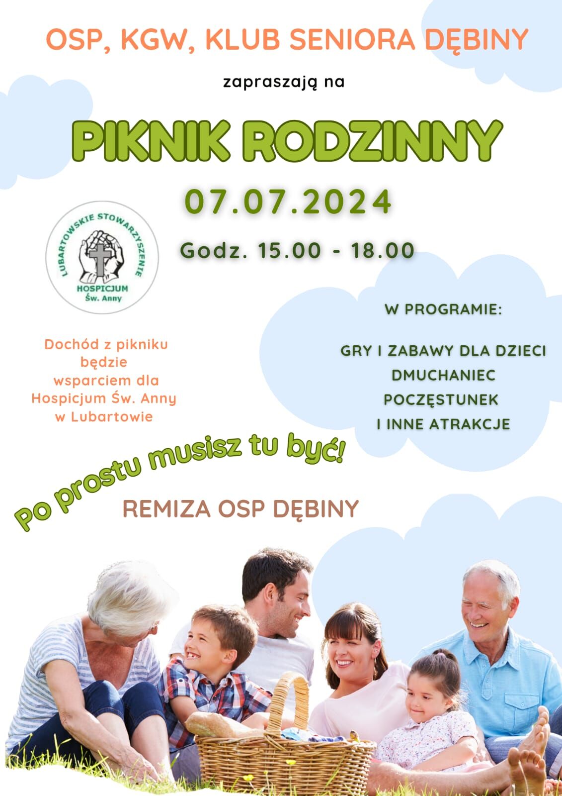 Plakat zapraszający na piknik rodzinny 07.07.2024 z godz. 15:00 do 18:00. Zawiera zdjęcia uśmiechniętych seniorów i bawiących się dzieci, informacje o atrakcjach oraz wspieranych celach charytatywnych.