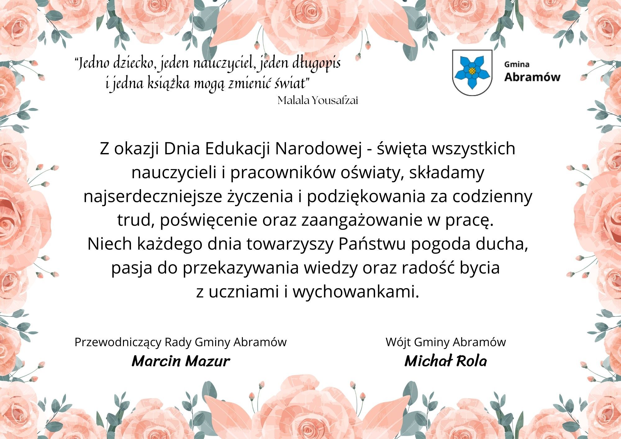 Zdjęcie przedstawia certyfikat z grafiką kwiatową w prawym górnym rogu, zawierający cytat Malali Yousafzai i życzenia od Urzędu Gminy Abramów.