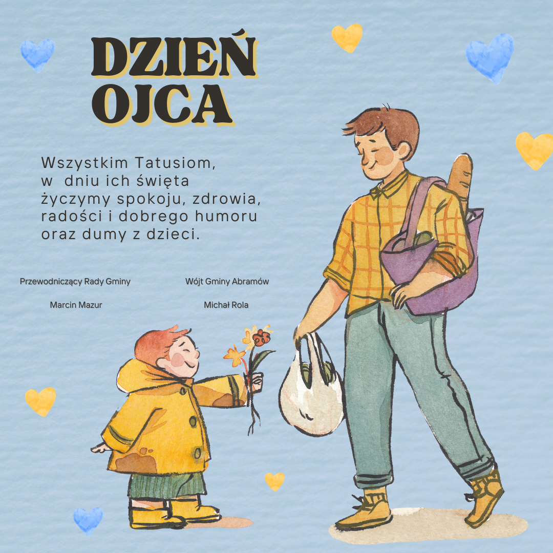 Ilustracja z okazji Dnia Ojca ukazująca chłopca wręczającego ojcu laurkę i dorosłego mężczyznę z torbą na ramię, na niebieskim tle z sercami.