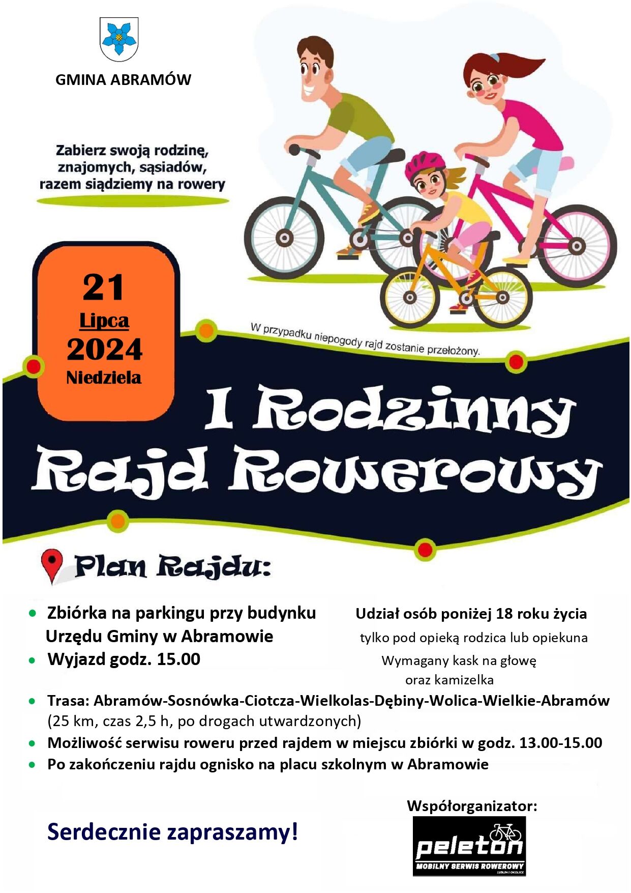 Alternatywny opis: Plakat wydarzenia "I Rodzinny rajd rowerowy " z datą 21 Lipca 2024. Grafika przedstawia rodzinę jadącą na tandemie przeciw tłu rozgwiazd i ryb, ilustrując motyw rowerowy.