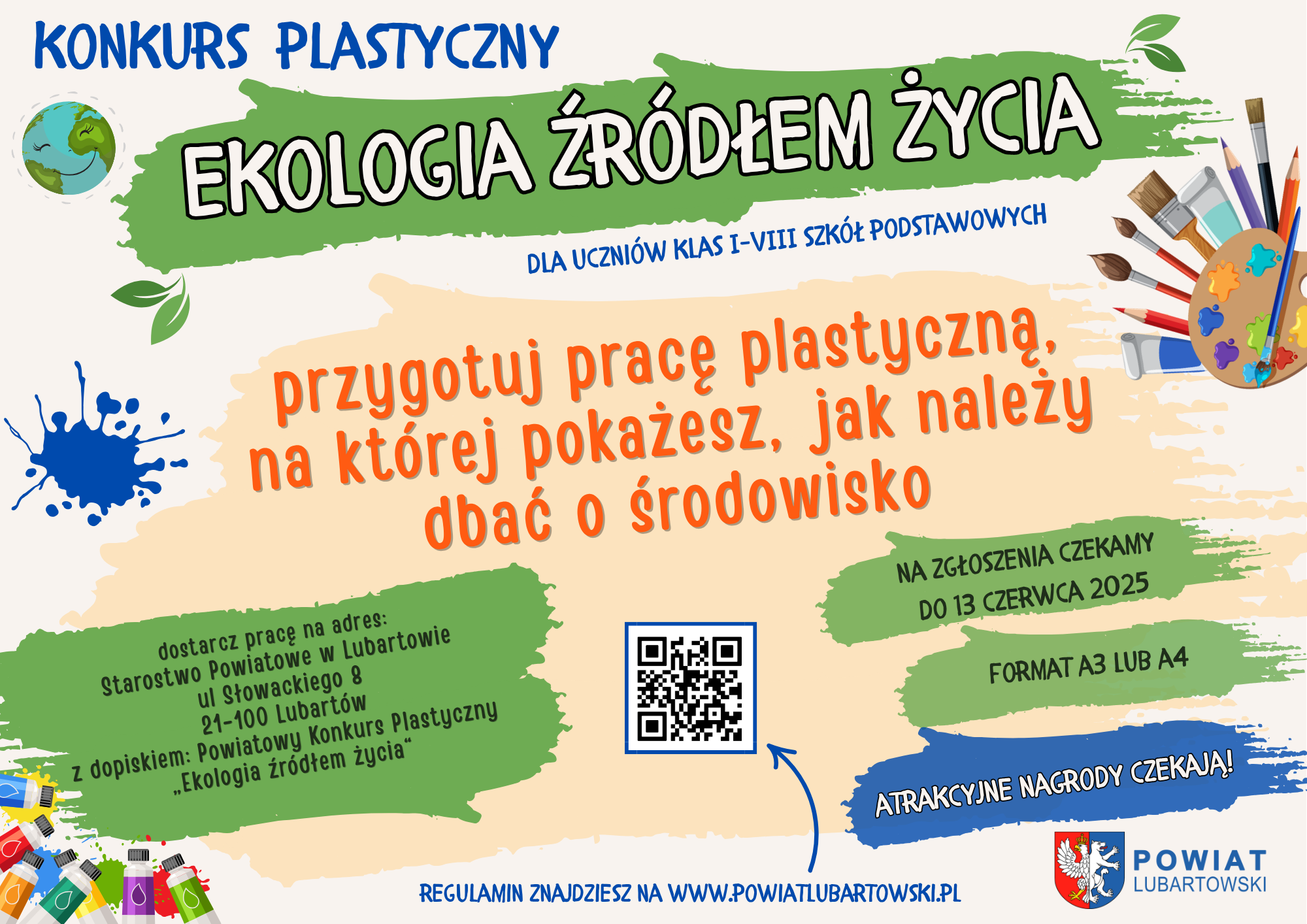Ilustracja promuje konkurs plastyczny "Ekologia źr&oacute;dłem życia" dla uczni&oacute;w szk&oacute;ł podstawowych. Zachęca do przygotowania prac o dbaniu o środowisko. Zgłoszenia do 13 czerwca 2025 r., atrakcyjne nagrody.