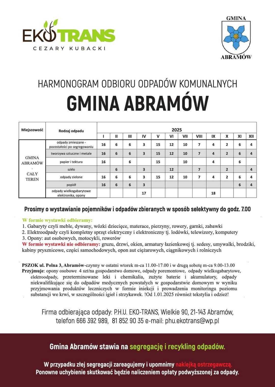 Harmonogram odbioru odpadów komunalnych dla gminy Abramów. Zawiera tabelę z datami odbiorów, wykaz rodzajów odbieranych odpadów oraz uwagi dotyczące segregacji śmieci. Grafik z logotypem EKO-TRANS i gminy Abramów.