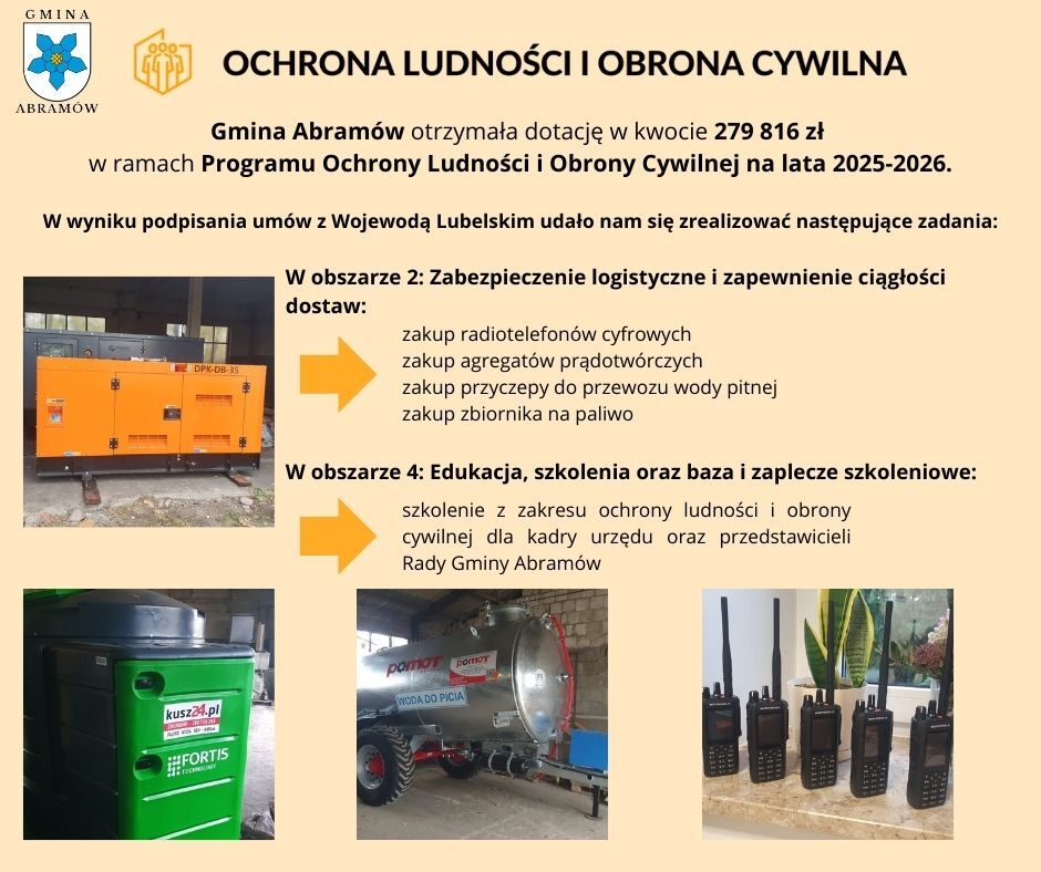 Otrzymano dotację w wysokości 279,816 zł na program ochrony cywilnej. Zakupy obejmują defibrylatory, namioty, prądotw&oacute;rcze agregaty oraz radiotelefony. Celem są zabezpieczenia logistyczne i edukacja szkoleniowa.