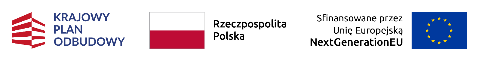 Logo Krajowego Planu Odbudowy z czerwonym budynkiem, flaga Polski, napis "Rzeczpospolita Polska" i flaga Unii Europejskiej z informacją "Sfinansowane przez Unię Europejską NextGenerationEU".