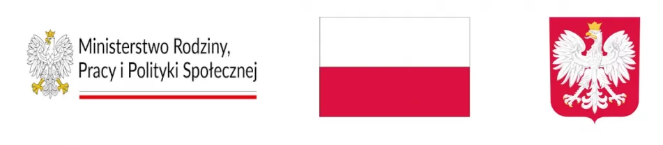 Po lewej logo z orłem i napisem "Ministerstwo Rodziny, Pracy i Polityki Społecznej". Pośrodku flaga Polski. Po prawej herb - biały orzeł w koronie na czerwonym tle.