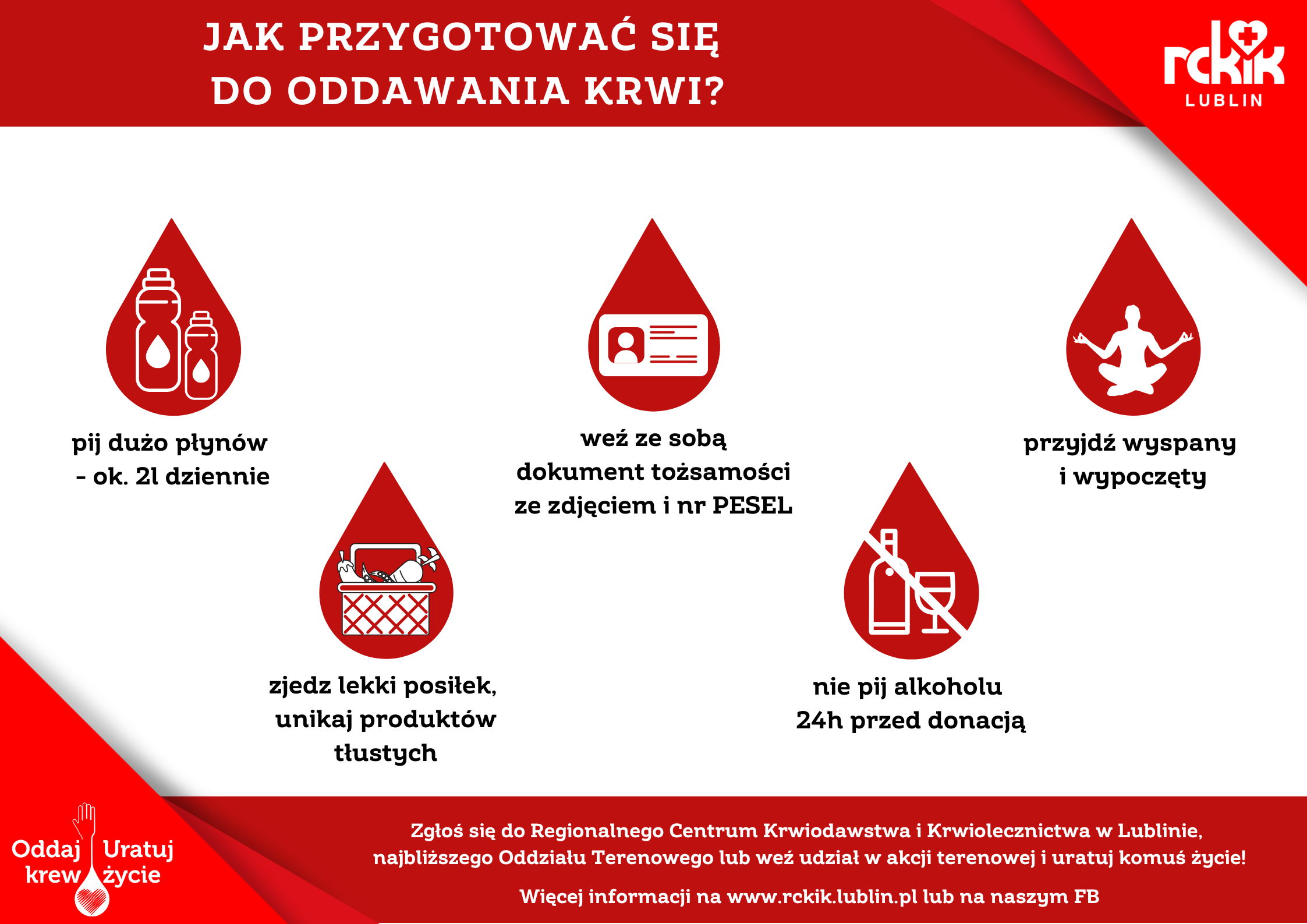 Jak przygotować się do oddawania krwi: pij dużo płyn&oacute;w, weź dokument tożsamości, przyjdź wyspany, zjedz lekki posiłek, unikaj tłuszczu i alkoholu na 24h przed. Informacje kontaktowe RCKiK Lublin.