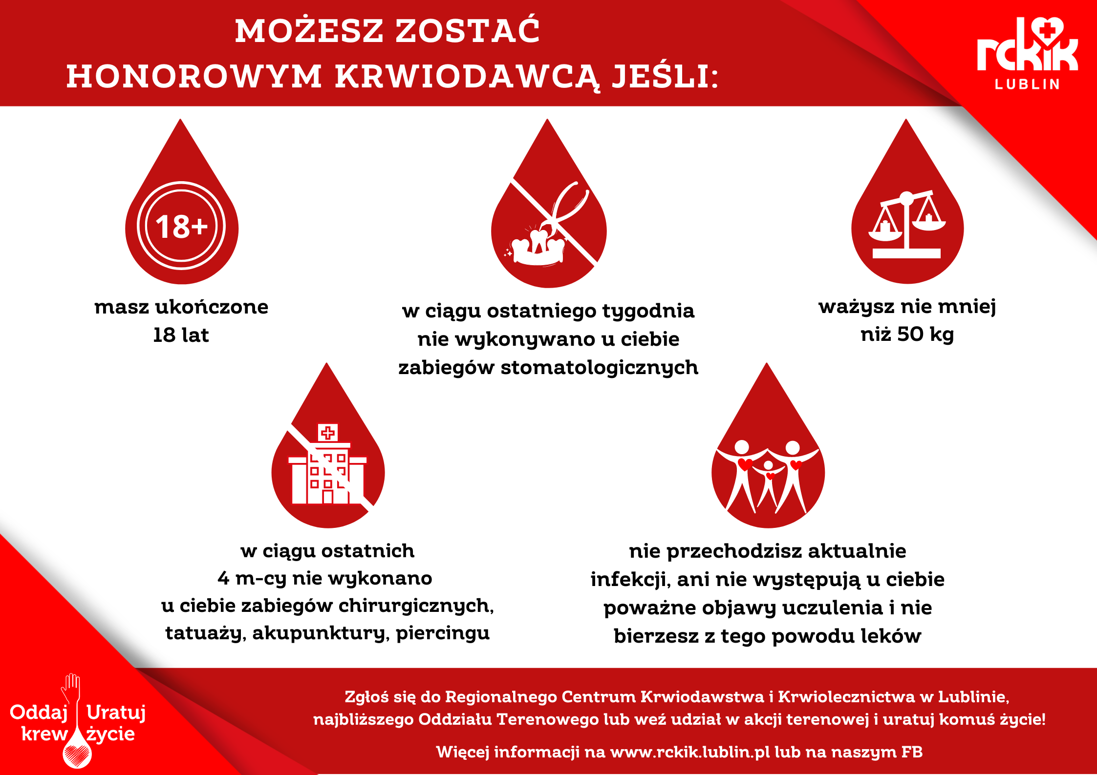 Grafika informacyjna dotycząca warunk&oacute;w zostania honorowym krwiodawcą. Wymieniono wymagania: wiek 18+, brak zabieg&oacute;w w ciągu ostatniego tygodnia, waga min. 50 kg, zdrowie, brak ciąży, ostatni tatuaż min. 6 miesięcy temu.