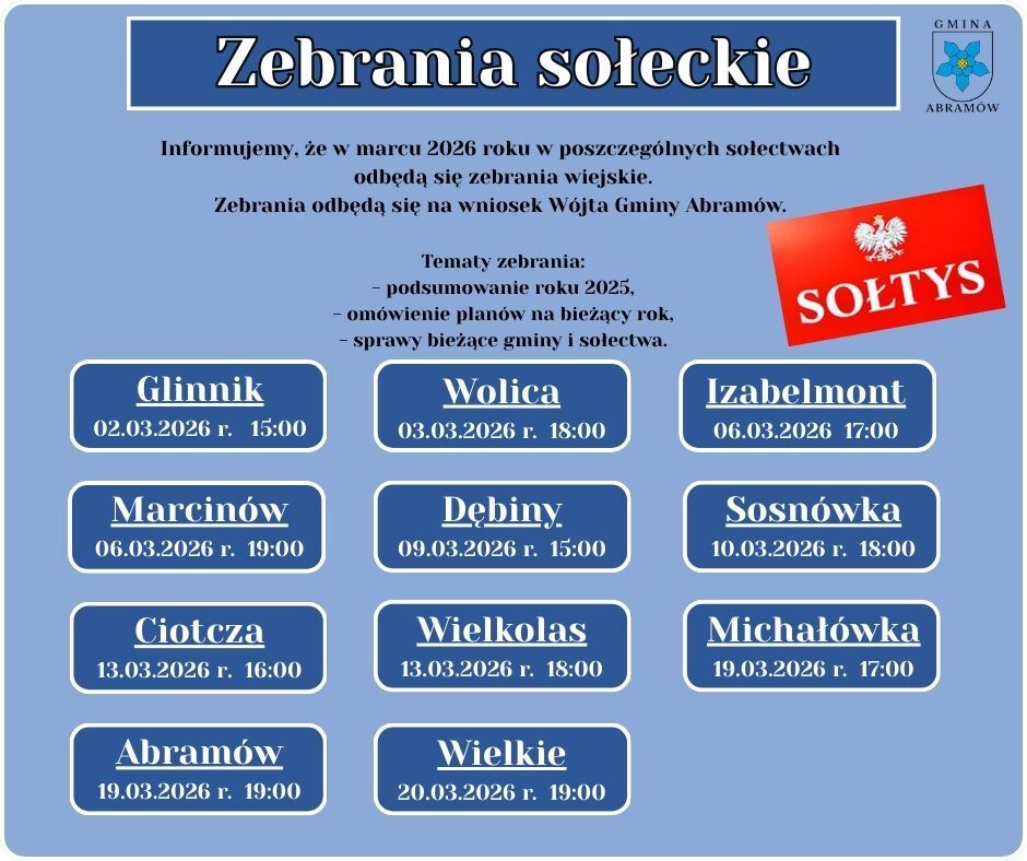 Plakat informujący o zebraniach sołeckich w gminie Abram&oacute;w w marcu 2026 roku. Zawiera terminy i miejsca spotkań w poszczeg&oacute;lnych miejscowościach, z tematem podsumowania roku 2025 i om&oacute;wieniem plan&oacute;w.