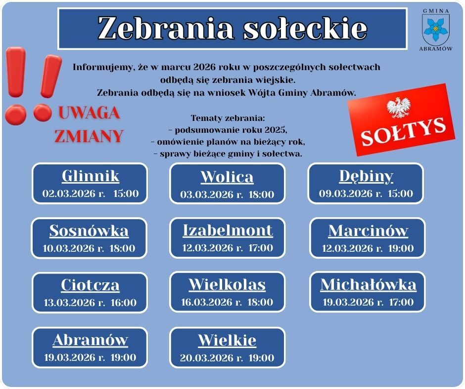 Na plakacie znajduje się harmonogram zebrań sołeckich w marcu 2026 roku dla r&oacute;żnych miejscowości gminy Abram&oacute;w. Zawiera daty, godziny oraz temat spotkań dotyczący plan&oacute;w i spraw bieżących.