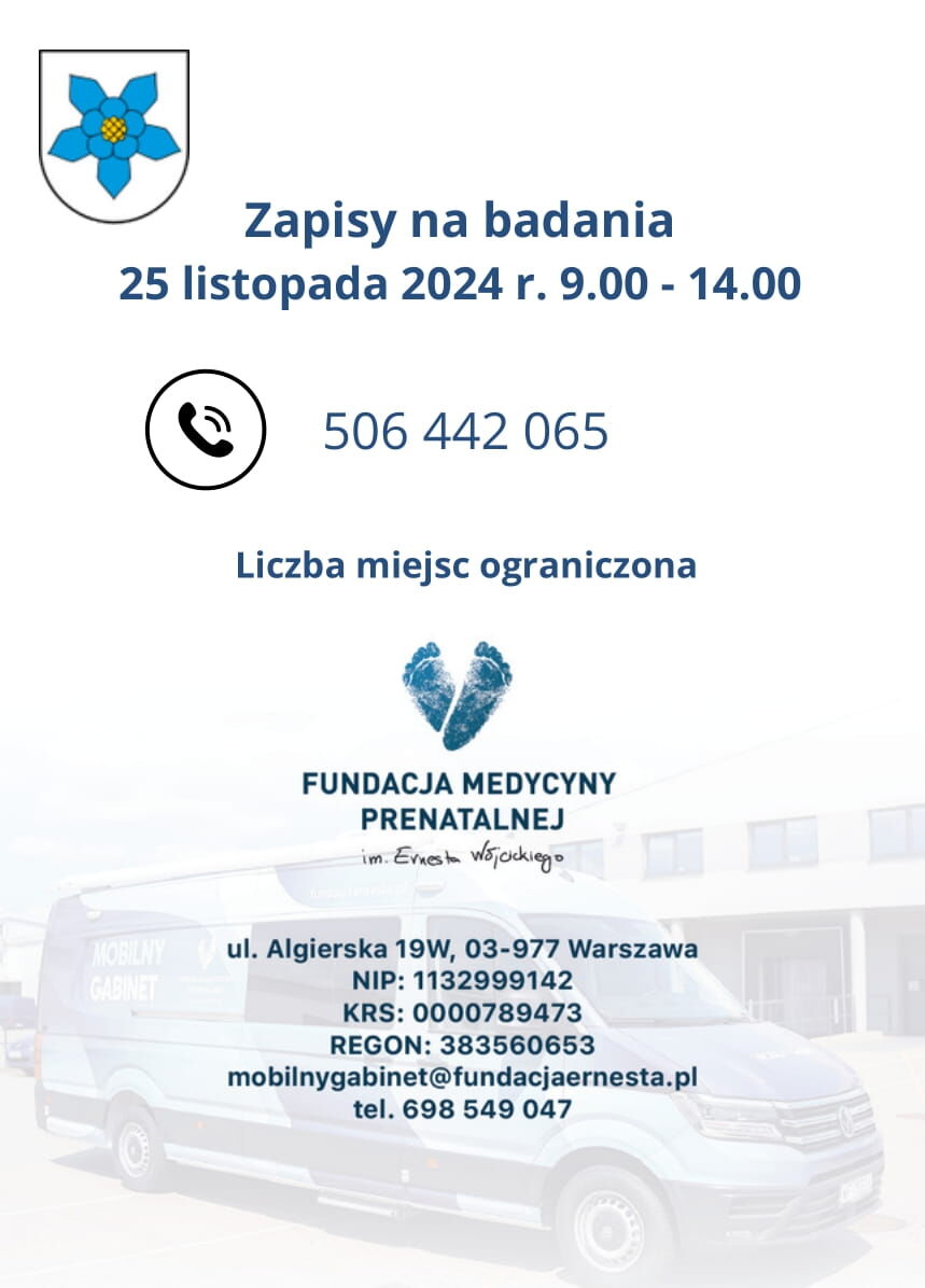 Zdjęcie przedstawia plakat informacyjny z logo medycznym u góry, datą i godzinami rejestracji, kontaktem telefonicznym, ograniczoną liczbą miejsc oraz logiem Fundacji Medycznej.