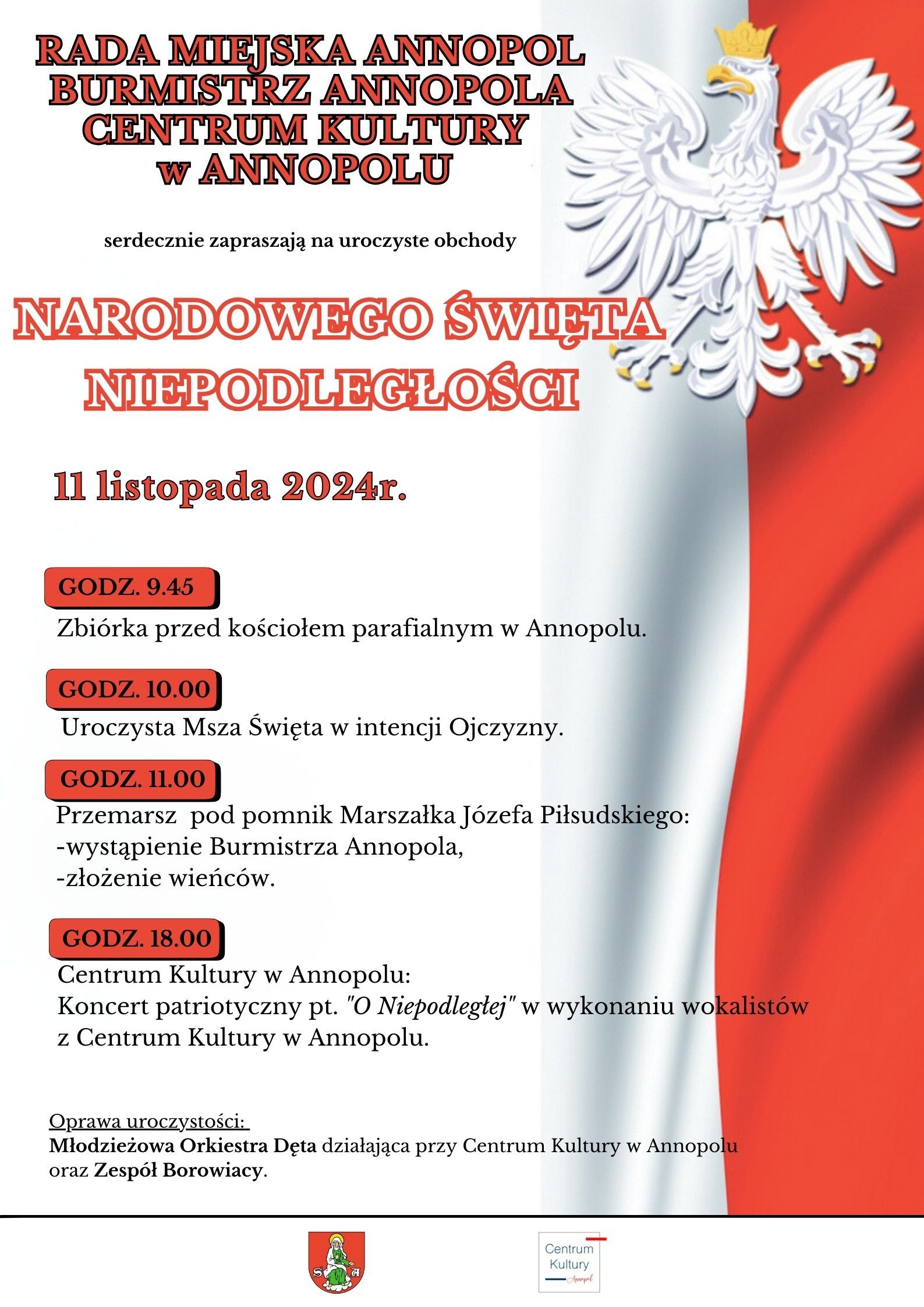 Plakat wydarzenia Narodowego Święta Niepodległości w Annopolu, z flagą Polski, białymi goździkami i datą 11 listopada 2024. Informacje o mszy, koncercie i miejscach.