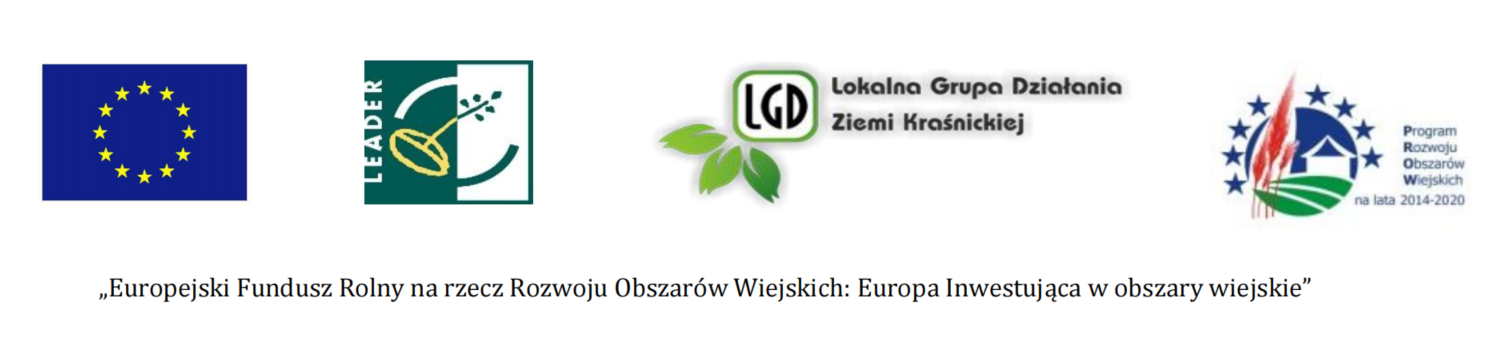 Na zdjęciu są cztery loga. Od lewej: flaga Unii Europejskiej, logo programu LEADER z motywem liścia, logo LGD Ziemi Kościańskiej z drzewem, oraz symbol Programu Rozwoju Obszarów Wiejskich z datami 2014-2020.