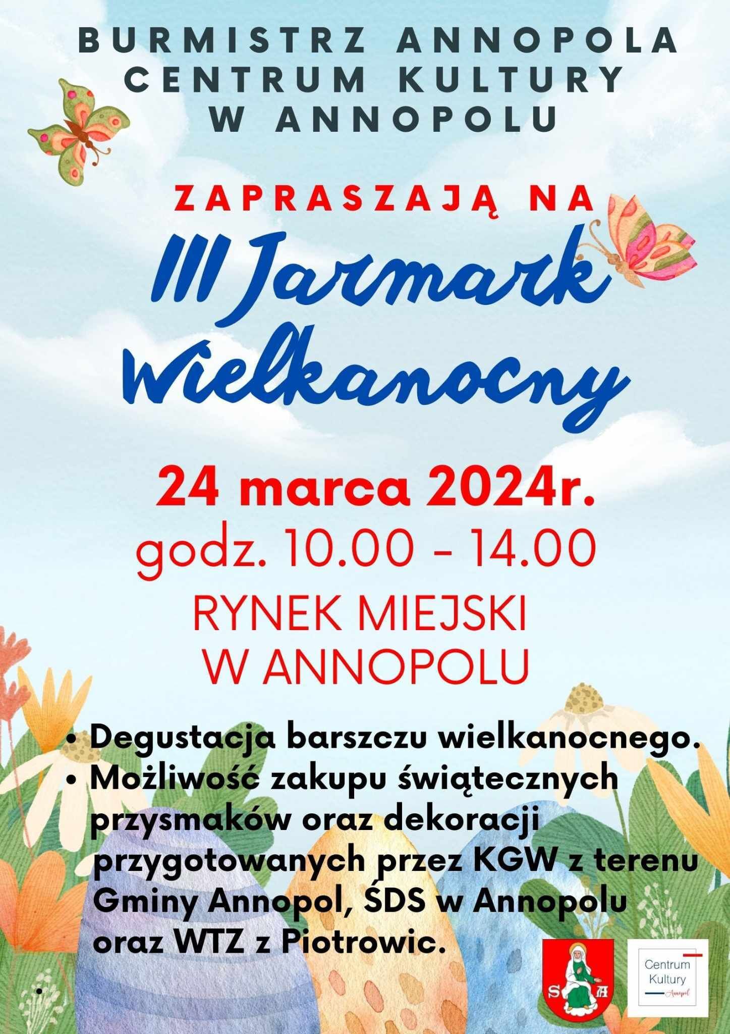 Plakat wydarzenia "Wielkanocny Kiermasz na Annopolu" organizowany przez Centrum Kultury w Annopolu, zapowiadający stoiska z ozdobami świątecznymi i warsztaty dekoracji jajek, który odbędzie się 24 marca od 10:00 do 14:00 na rynku miasta Annopol.