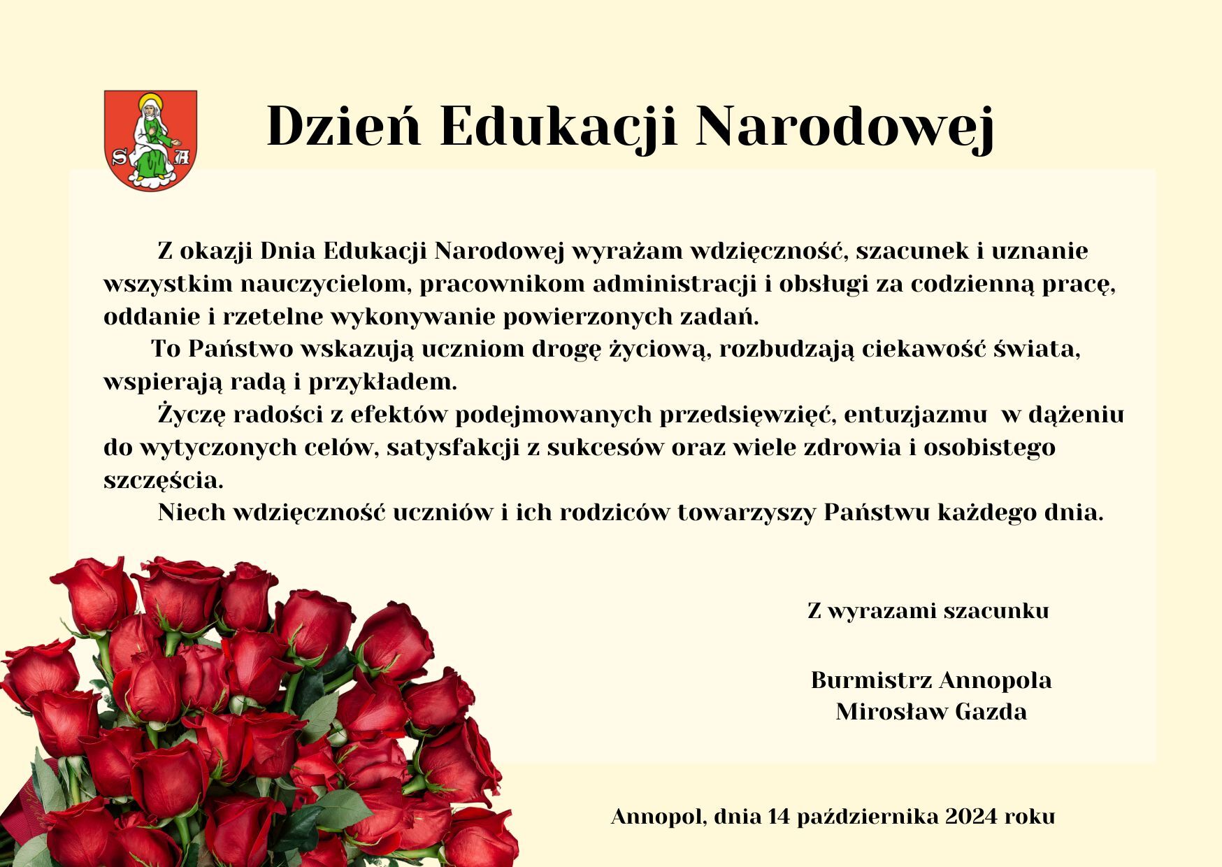 Zdjęcie przedstawia plakat z okazji Dnia Edukacji Narodowej z tekstem poświęconym nauczycielom, czerwoną jabłkową grafiką i podpisem osobistości.