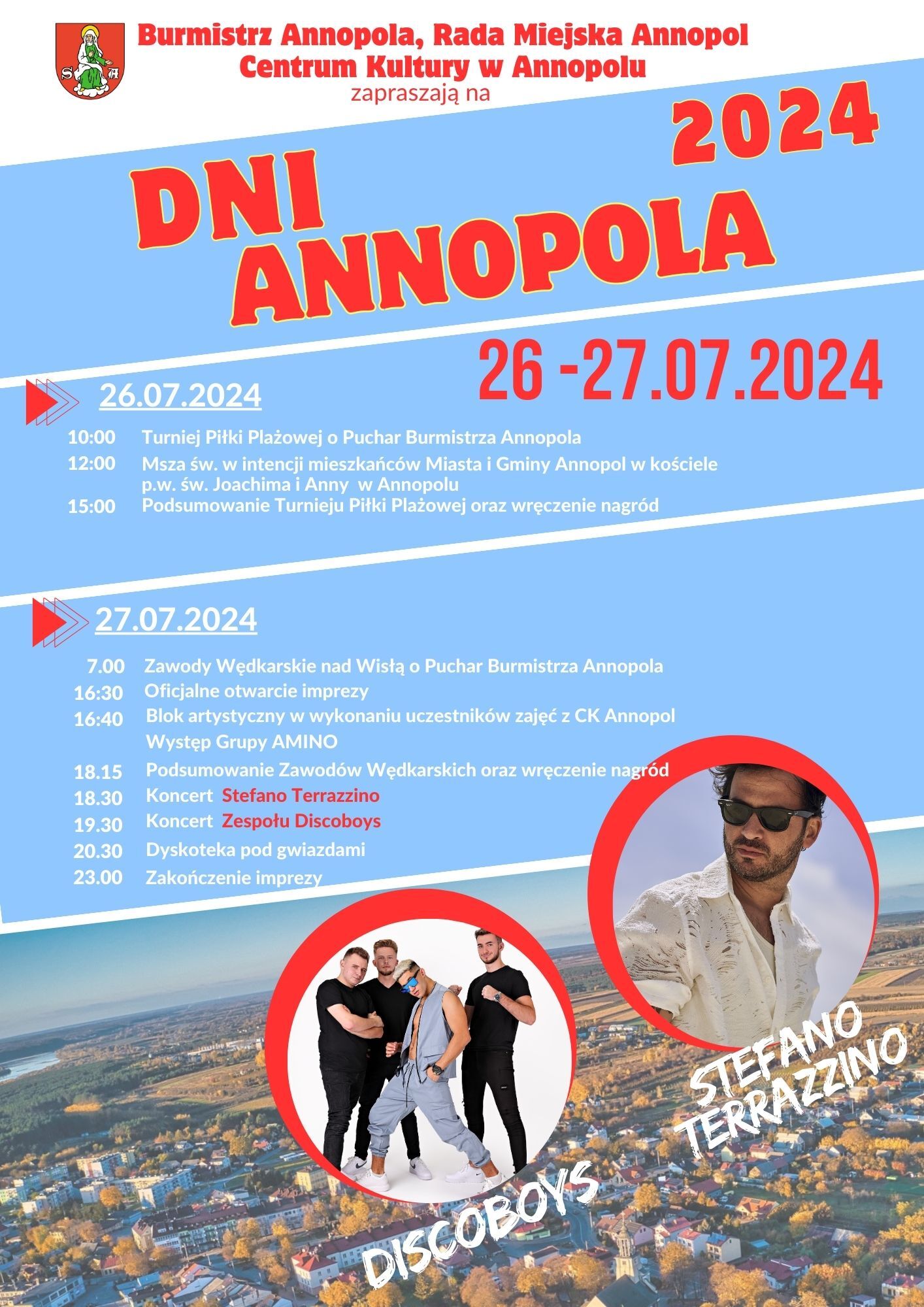 Plakat wydarzenia kulturalnego "Dni Annapola 2024" z grafikami, datami oraz harmonogramem. Na dole zdjęcie mężczyzny w okularach przeciwsłonecznych i czerwonej czapce.