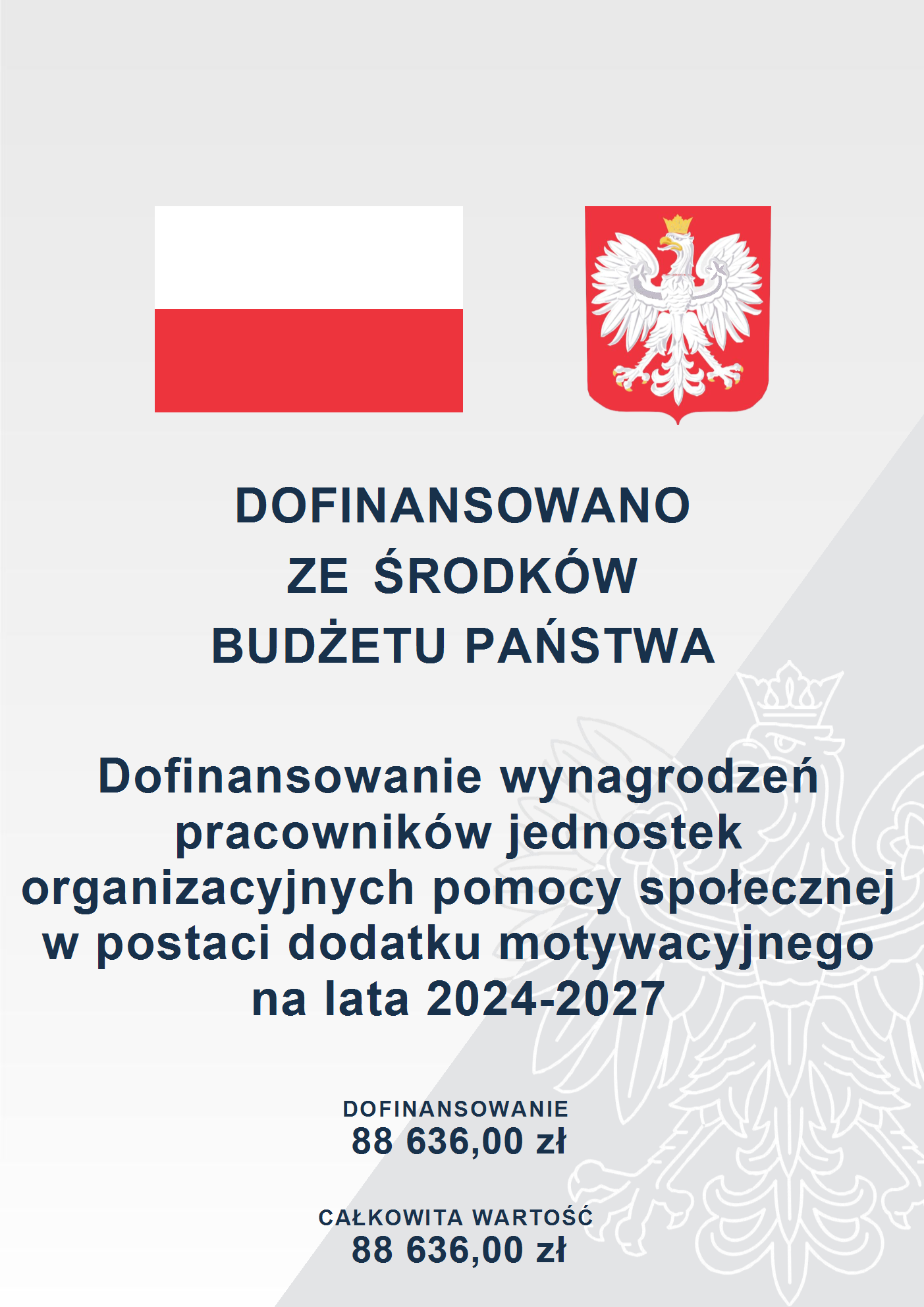 Opis alternatywny: Grafika z polskimi symbolami narodowymi, flagą Polski i herbem, z tekstem "Dofinansowano ze środków budżetu państwa" oraz informacjami o dofinansowaniu organizacji społecznej na lata 2024-2027.