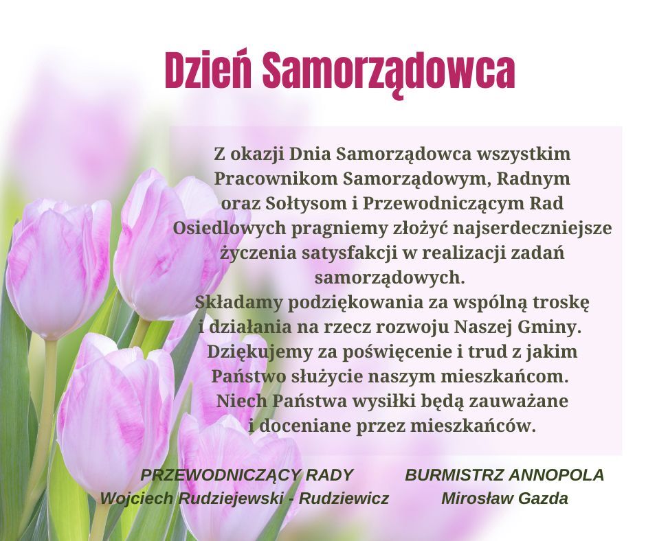 Opis obrazka: Grafika z okazji Dnia Samorządowca z tekstem pozdrowień i podziękowań, otoczona różowymi i fioletowymi tulipanami na dolnym brzegu.