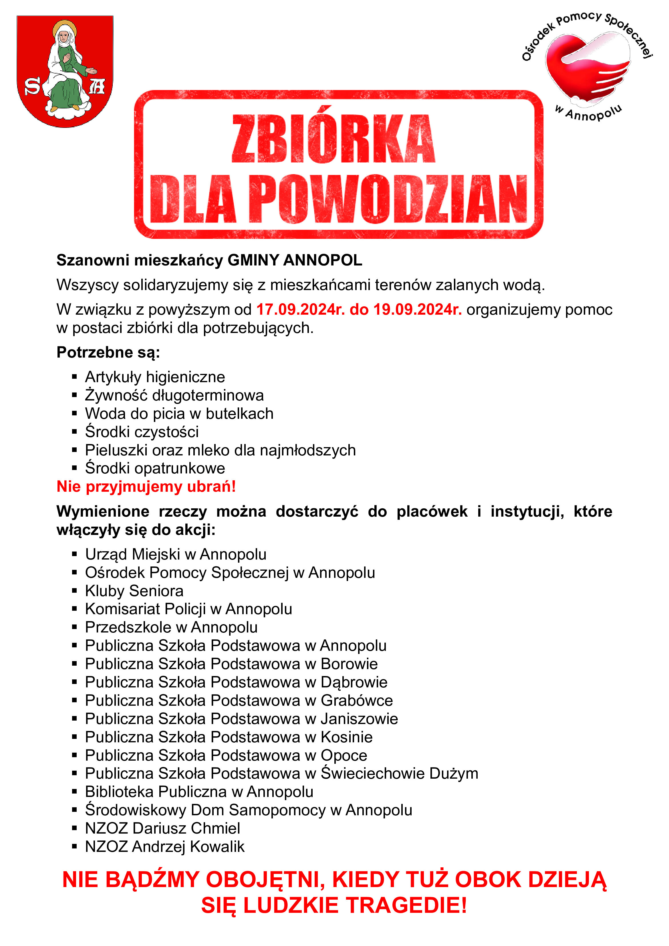 Plakat informacyjny ogłaszający zbiórkę dla poszkodowanych w wyniku powodzi. Zawiera listę artykułów potrzebnych do darowizny, daty zbiórki oraz informacje kontaktowe z czerwonymi i czarnymi elementami graficznymi, w tym logo organizacji.