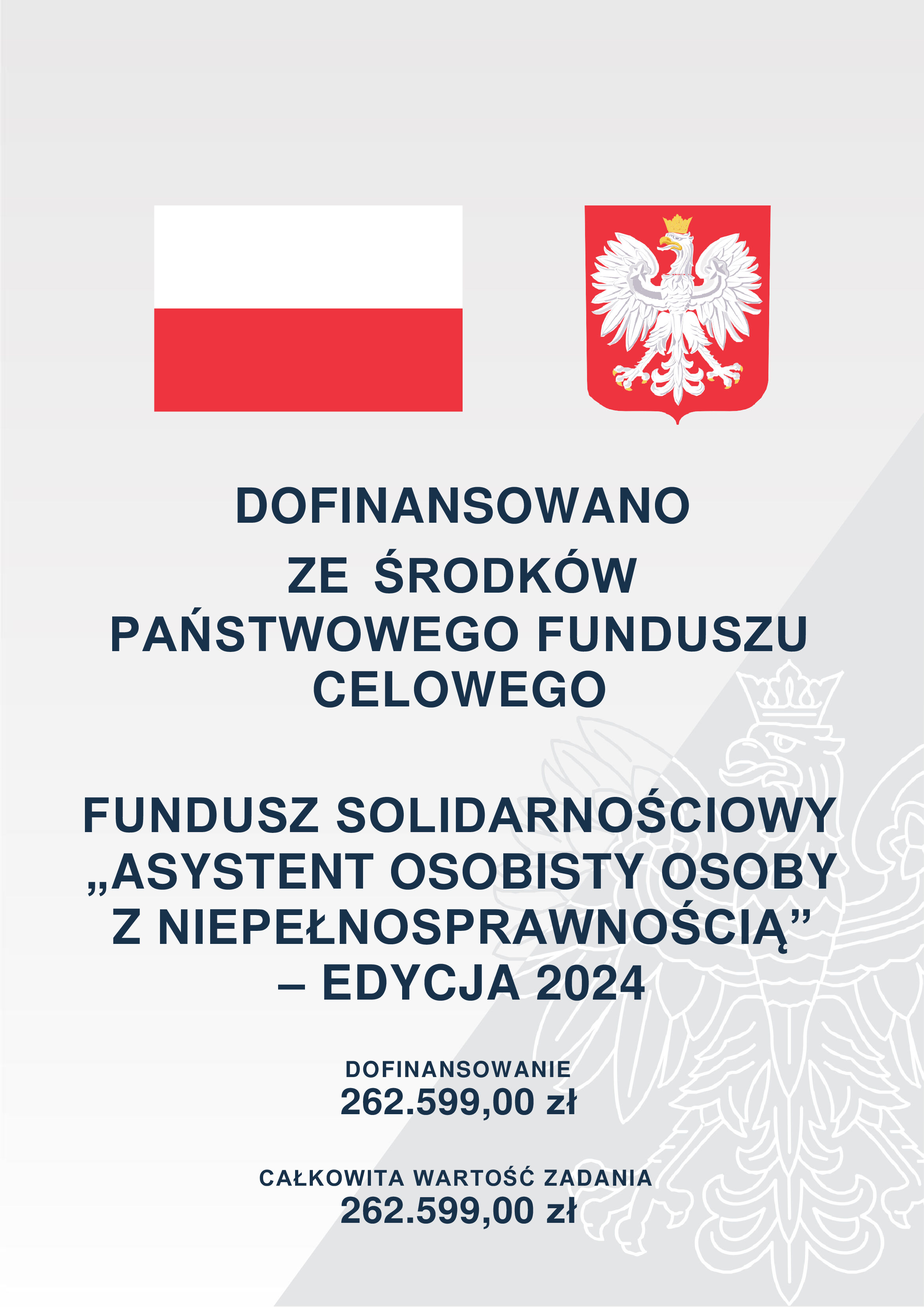 Zdjęcie przedstawia plakat z napisem "Dofinansowano ze środków Państwowego Funduszu" z polską flagą oraz herbem Polski, informujący o przyznaniu dofinansowania z Funduszu Solidarnościowego na kwotę 262 599,00 zł.