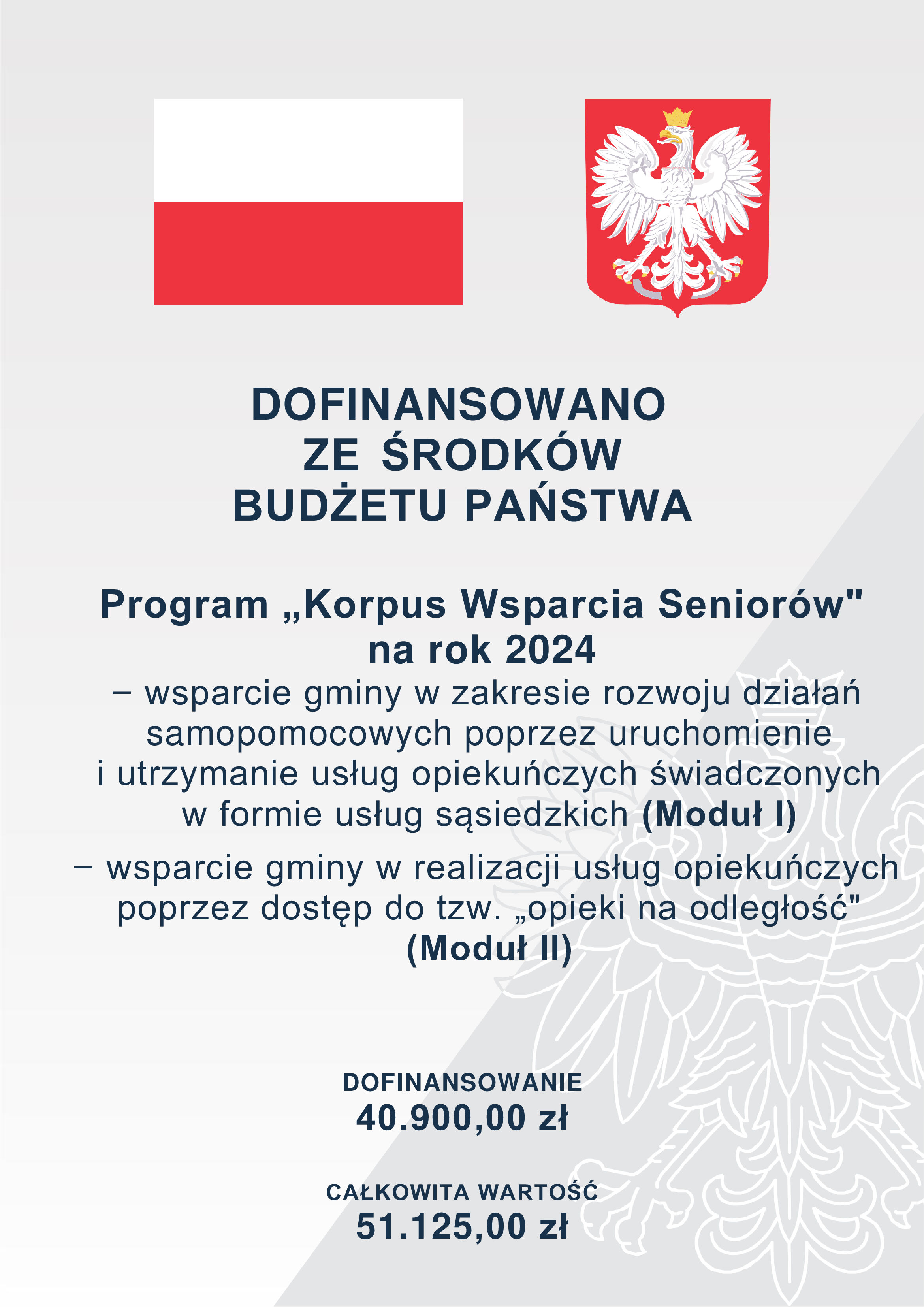 Plakat informacyjny z polskim godłem, ogłaszający dotację na wsparcie seniorów w kwocie 51,125 zł do 2024 roku w ramach programu pomocy społecznej.