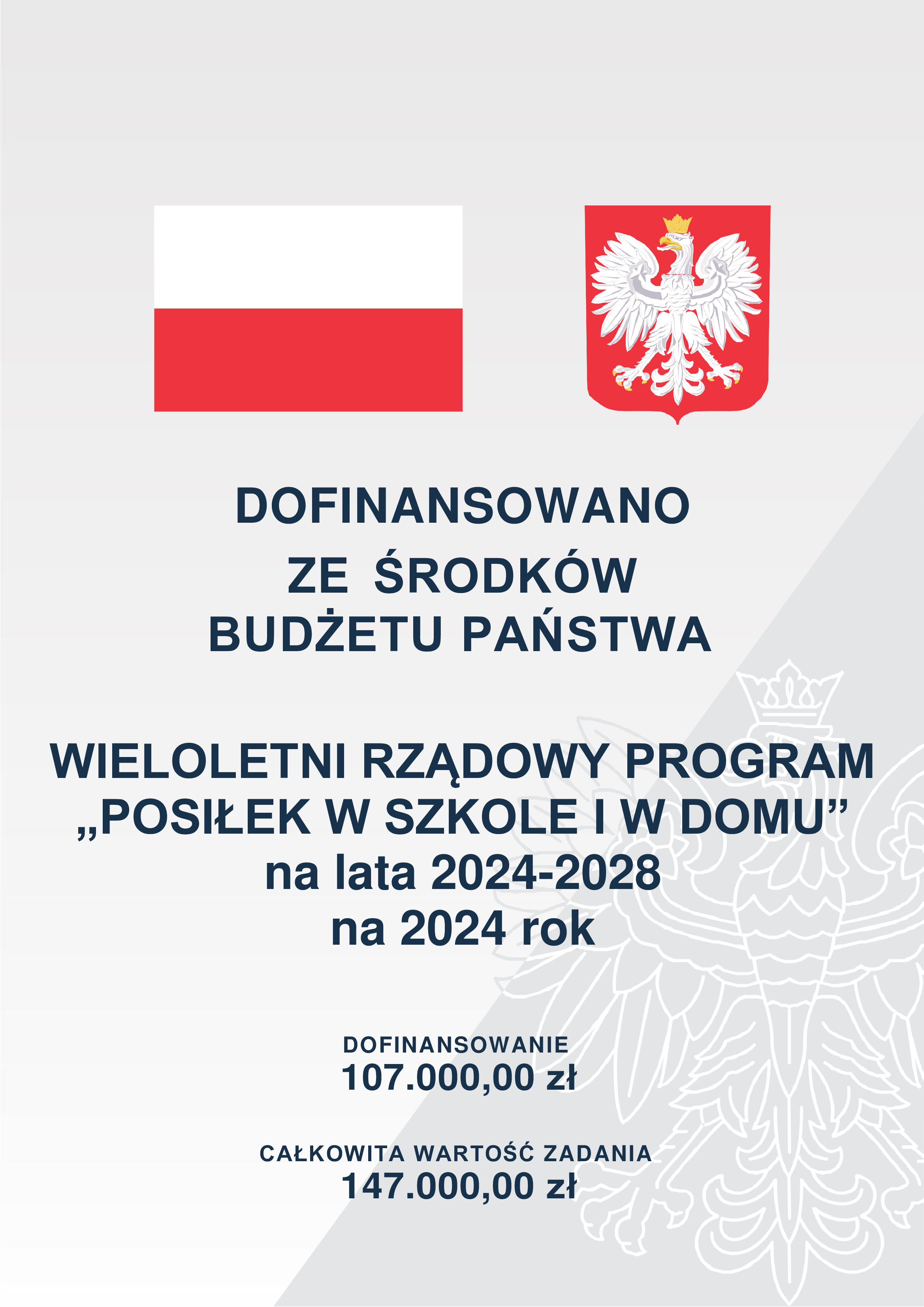 Grafika informacyjna z polskimi symbolami narodowymi - flagą i godłem, ogłaszająca dofinansowanie programu "Posiłek w szkole i w domu" na lata 2024-2028, z kwotami dofinansowania.