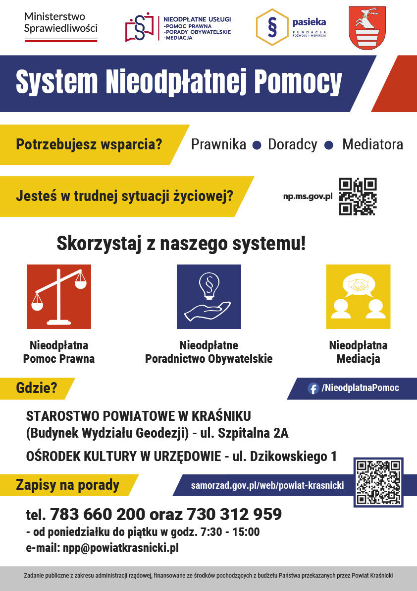 Opis alternatywny: Plakat informacyjny w kolorach czerwonym, niebieskim i żółtym z grafikami: herb Polski, słuchawki, dłonie i symbole prawne. Tekst reklamujący bezpłatne poradnictwo obywatelskie, dane kontaktowe, godziny pracy i adres.