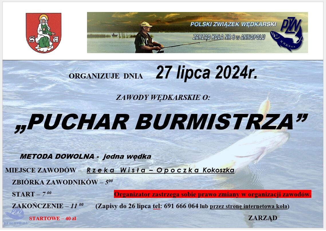 Plakat informacyjny zawodów wędkarskich "Puchar Burmistrza" z datą 27 kwietnia 2024, z logo Polskiego Związku Wędkarskiego i grafiką mężczyzny łowiącego ryby na tle wody.