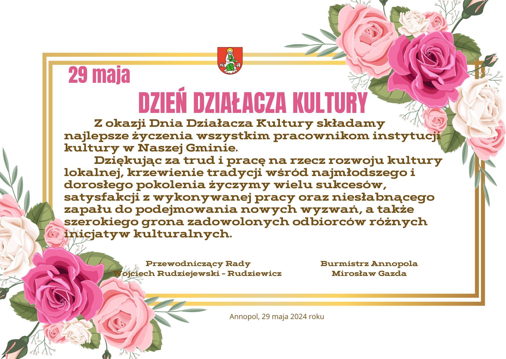 Opis alternatywny: Plakat wydarzenia "Dzień Działacza Kultury" w ramach kwadratowej ramki z kwiatowym motywem róż i złotego liścia. Tekst zaprasza do świętowania, wyróżnia gościa honorowego i zawiera datę oraz logo organizatora.