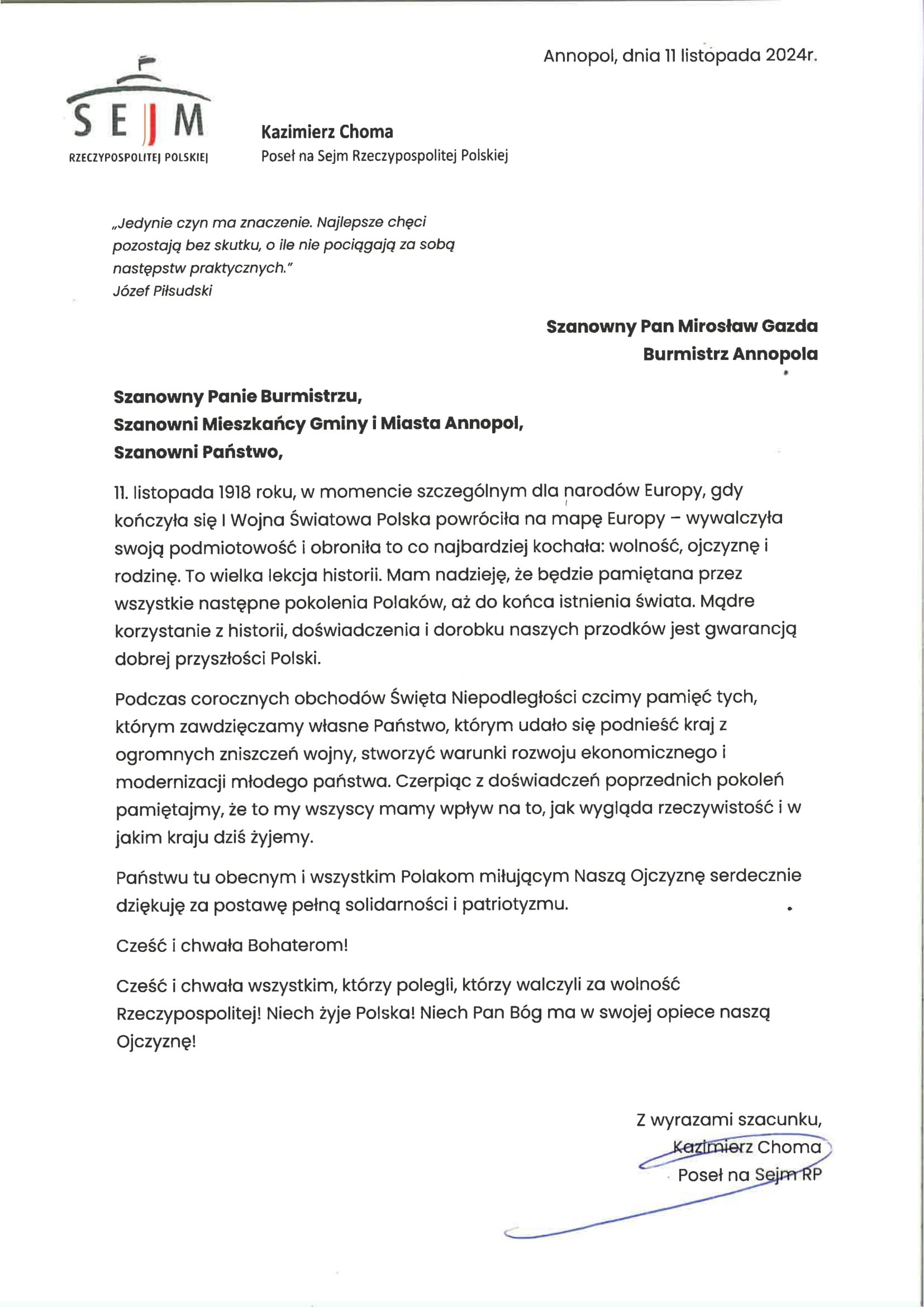 Opis alternatywny: Obraz przedstawiający wzorowany na oficjalnej dokumentacji list od Kazimierza Chomy, Posła na Sejm Rzeczypospolitej Polskiej, do Burmistrza Annpolu, Mirka Gąsiodła. Podpisano i datowano na 11 listopada 2024 r.