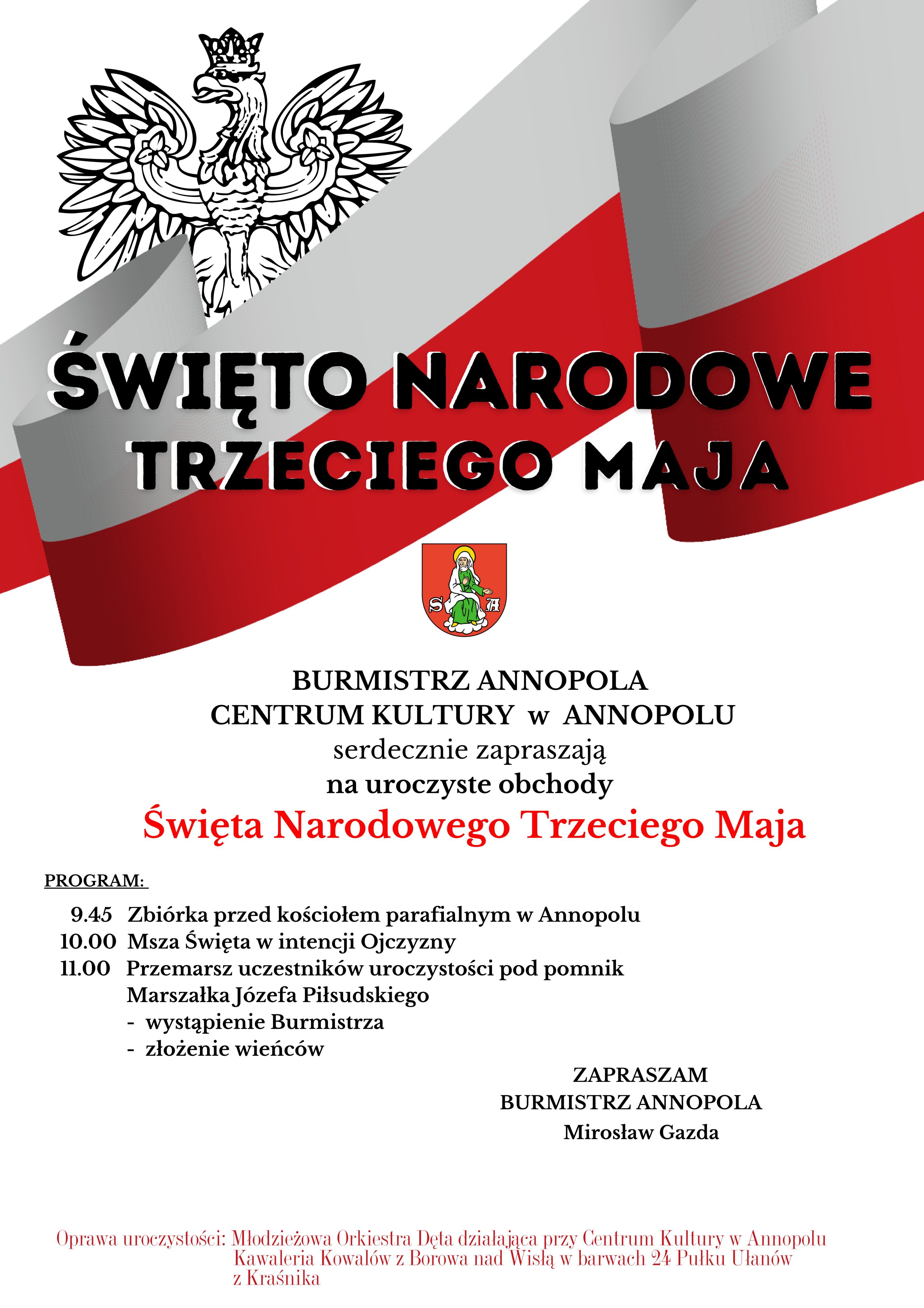 Plakat informacyjny ogłaszający Święto Narodowe Trzeciego Maja w mieście Annopol. Zawiera szczegóły programu, godzinę rozpoczęcia, lokalizację oraz nazwy osób zaproszonych.