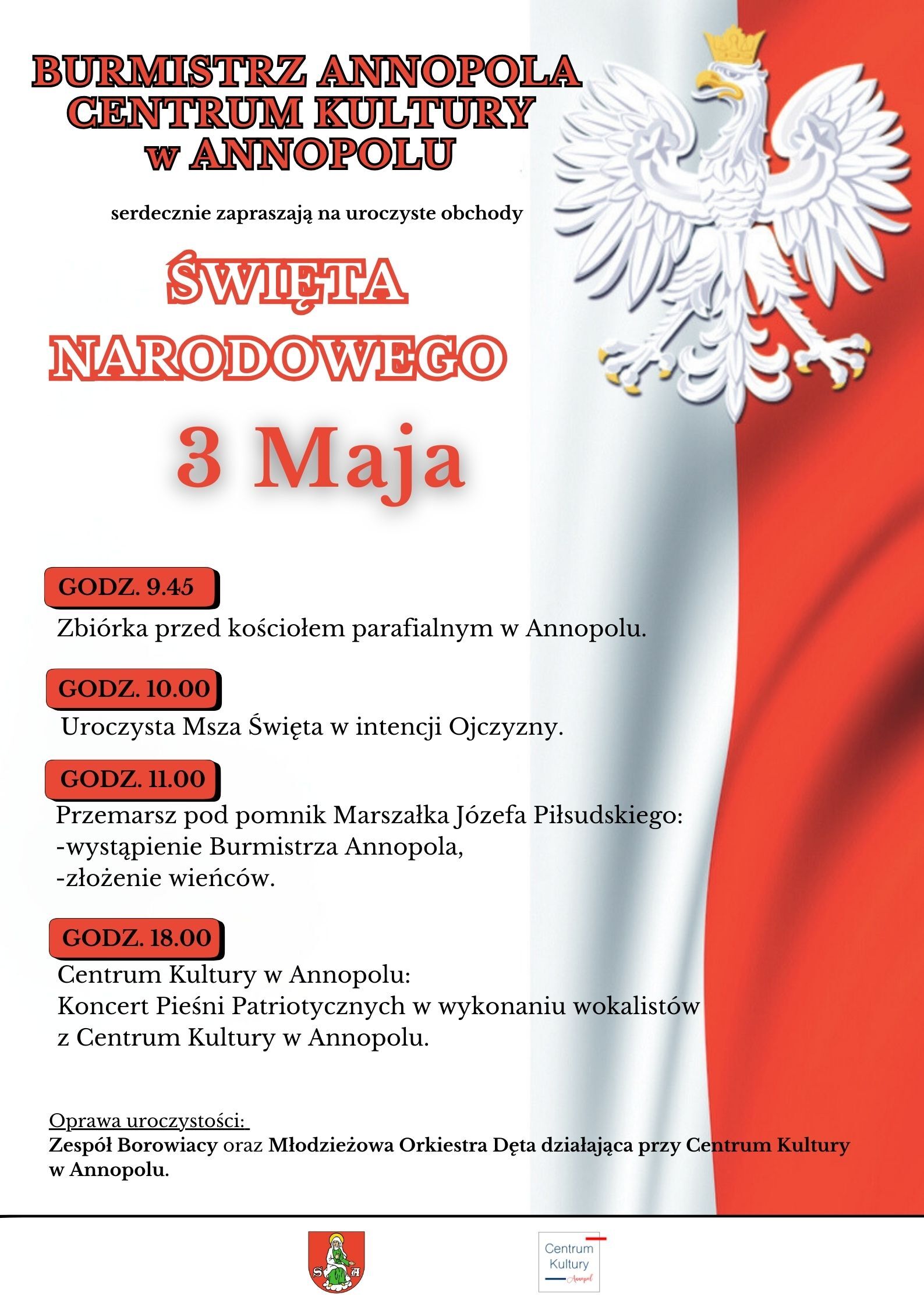 Plakat zapowiadający obchody Święta Narodowego 3 Maja w Annopolu. Zawiera harmonogram wydarzeń, w tym mszę, przemarsz pod pomnik oraz koncert pieśni patriotycznych. Na plakacie znajduje się też herb Polski.