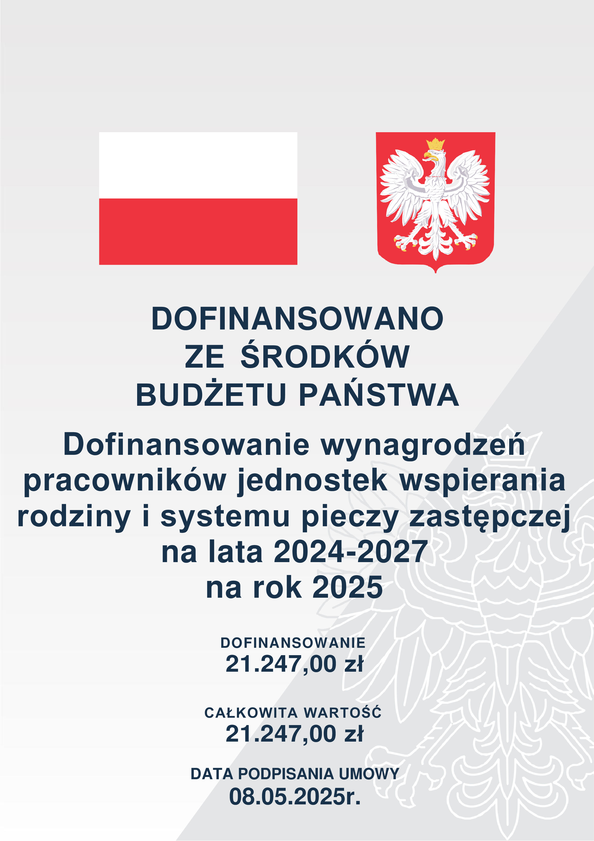 Plakat informujący o dofinansowaniu ze środków budżetu państwa na wynagrodzenia pracowników w jednostkach wsparcia rodziny i pieczy zastępczej na lata 2024-2027. Podano kwotę 21,247.00 zł i datę podpisania umowy.