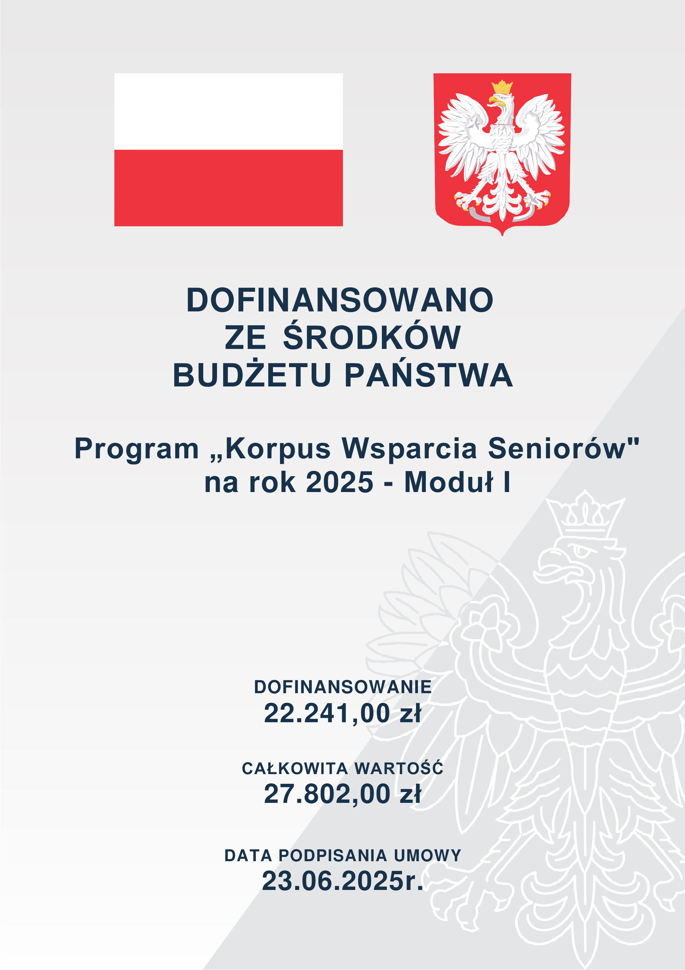 Flaga Polski i godło na górze. Napis informuje o dofinansowaniu z budżetu na program "Korpus Wsparcia Seniorów" na 2025 rok, Moduł I. Koszty wynoszą 22,241.00 zł i 27,802.00 zł. Data podpisania: 23.06.2025.