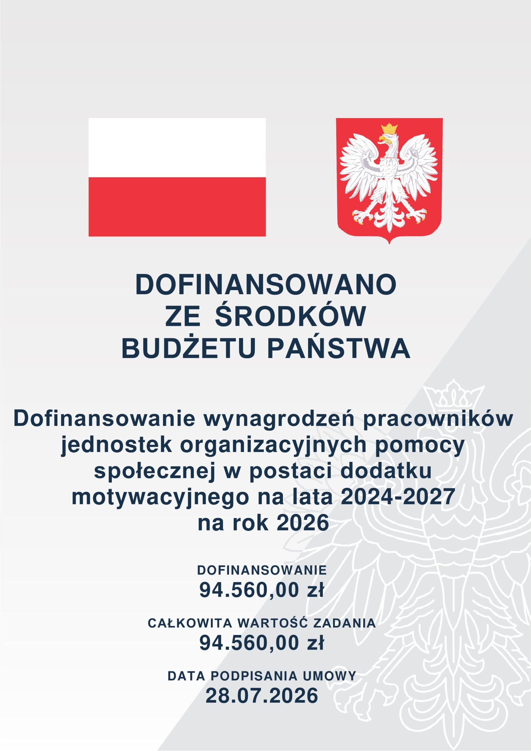Plakat z flagą Polski i herbem, informujący o dofinansowaniu ze środk&oacute;w budżetu państwa dla jednostek pomocy społecznej na lata 2024-2027. Zawiera dane dotyczące kwoty dofinansowania i datę podpisania umowy.