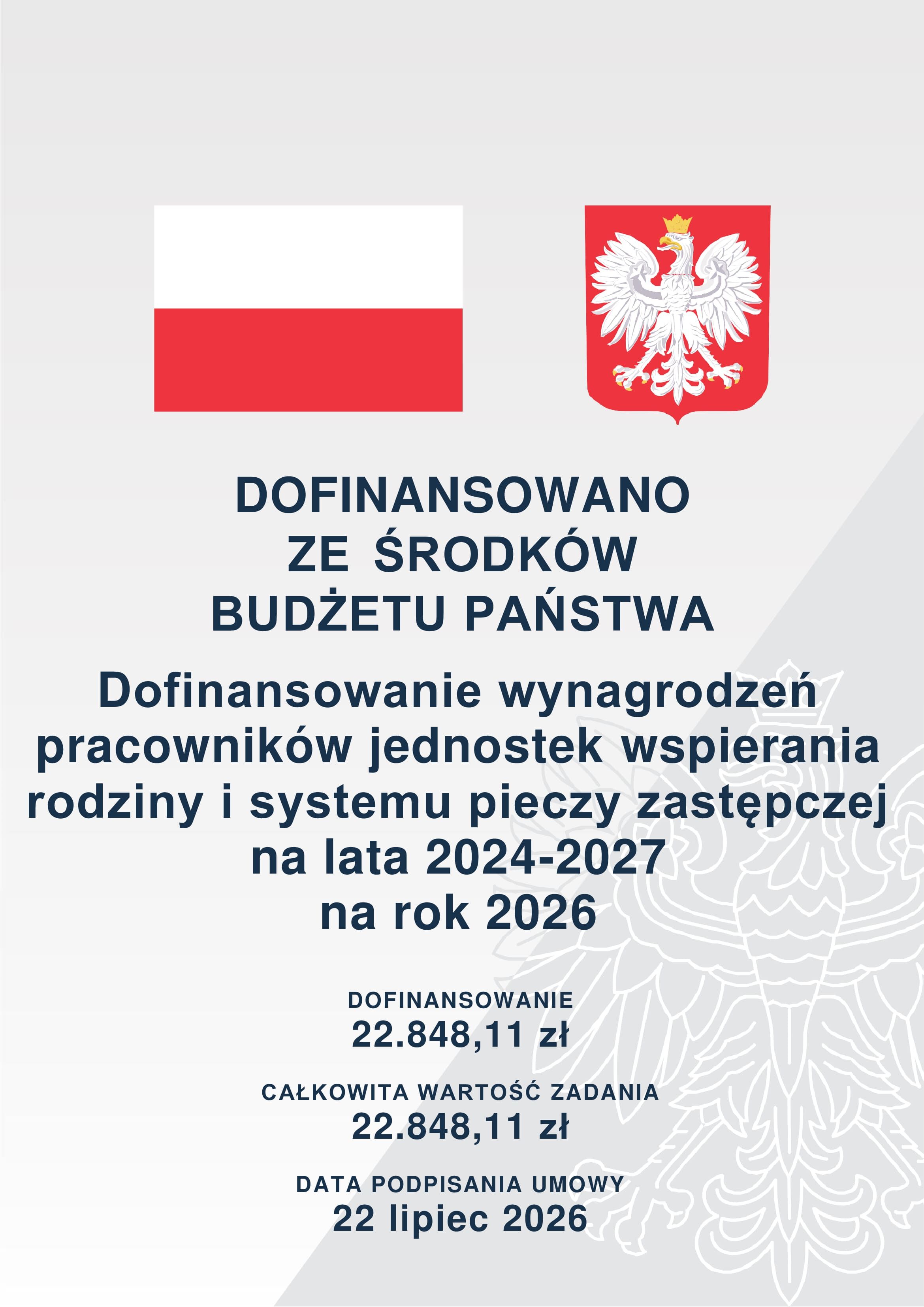 Plakat informacyjny z godłem Polski oraz flagą. Zawiera informacje o dofinansowaniu wynagrodzeń pracownik&oacute;w wsparcia rodziny na lata 2024-2027. Kwota dofinansowania: 22 848,11 zł, data podpisania umowy: 22 lipca 2026.